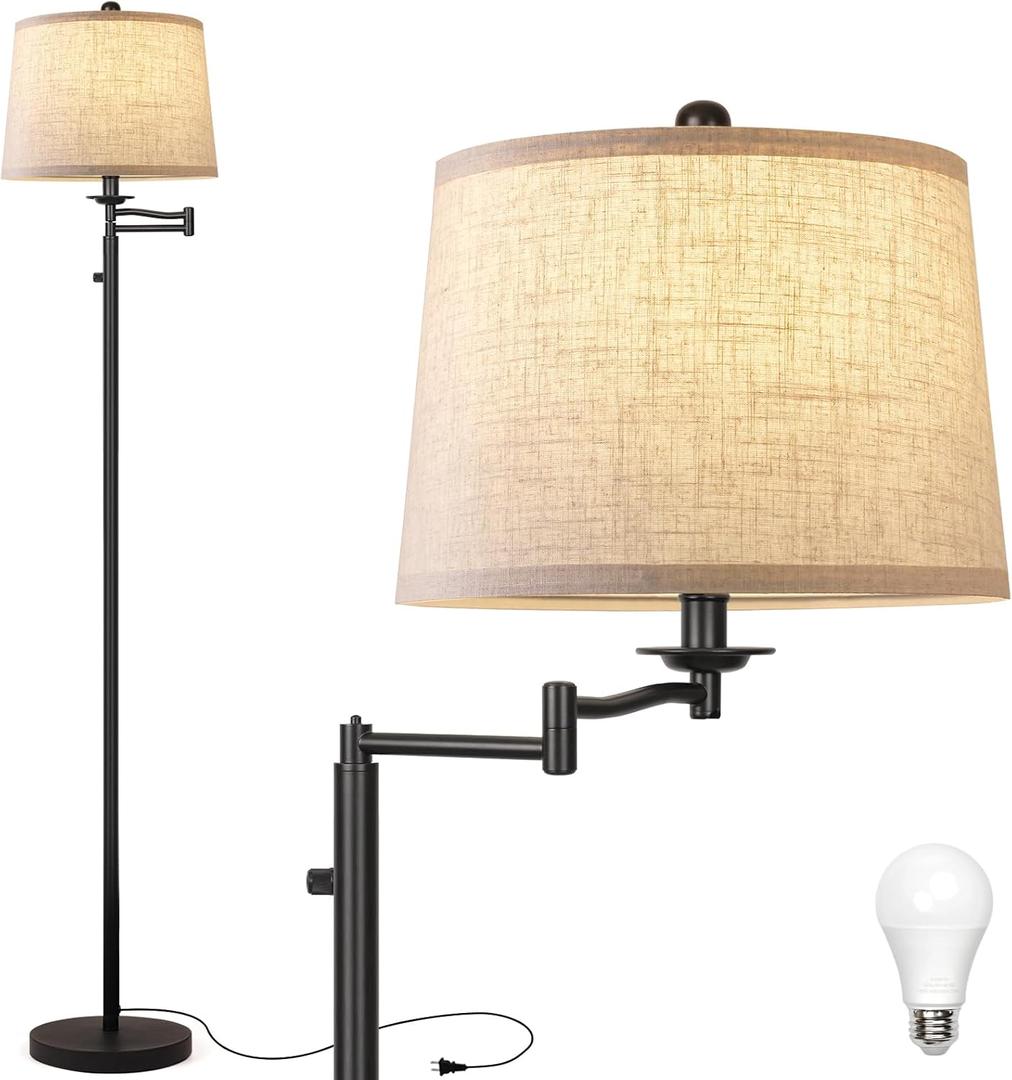 Dimmer LED Floor Lamp,Tall Standing Lamp with Swing Arm,Black Lamp with Dimmer LED Bulb,Elegant Floor Lamp for Living Rooms & Bedroom (Black)