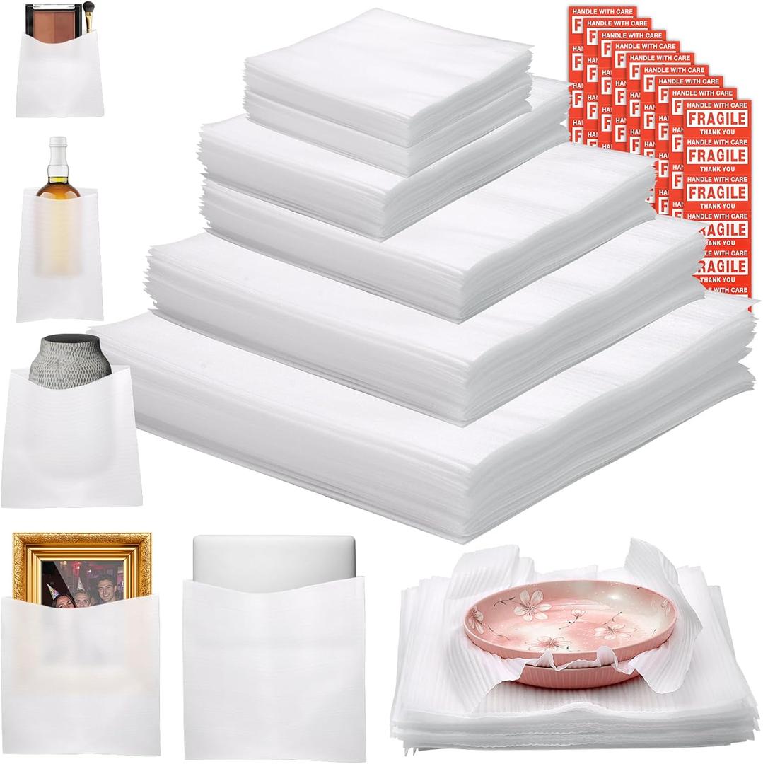 100 Pcs Packing Moving Foam Pouches & Sheets, 5 Sizes Cushion Foam Wrap Pouches with Fragile Stickers for Protect Dishes Cup Glasses Storage Supplies (7.8X7.8", 7.5X12", 12X12", 14X14", 16X16")