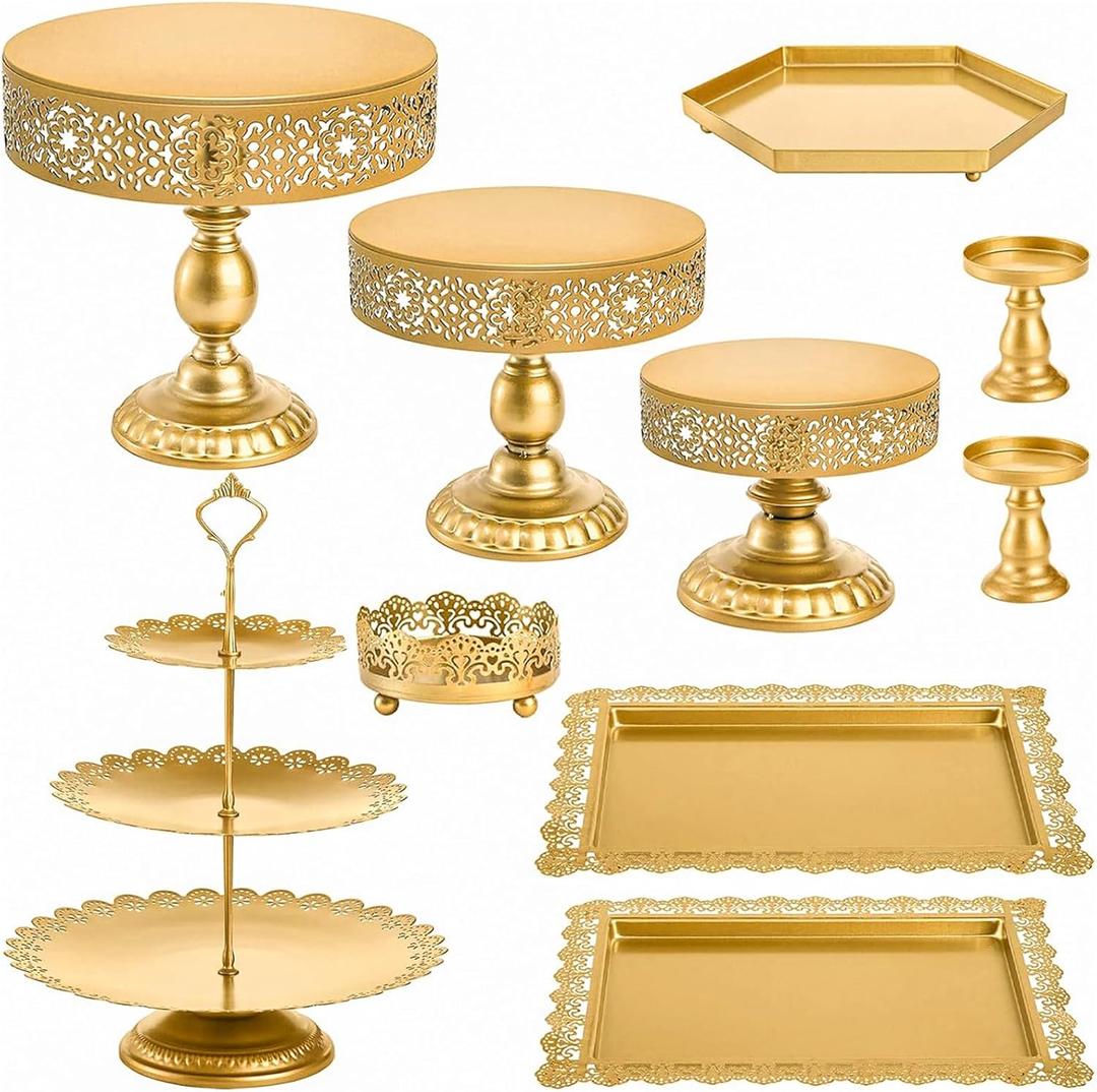 Suwimut 10 Pieces Gold Cake Stand Set, Metal Round Cupcake Holder Dessert Display Plate Serving Platter, Dessert Table Stands and Trays Set for Christmas, Wedding, Birthday, Anniversary, Tea Party