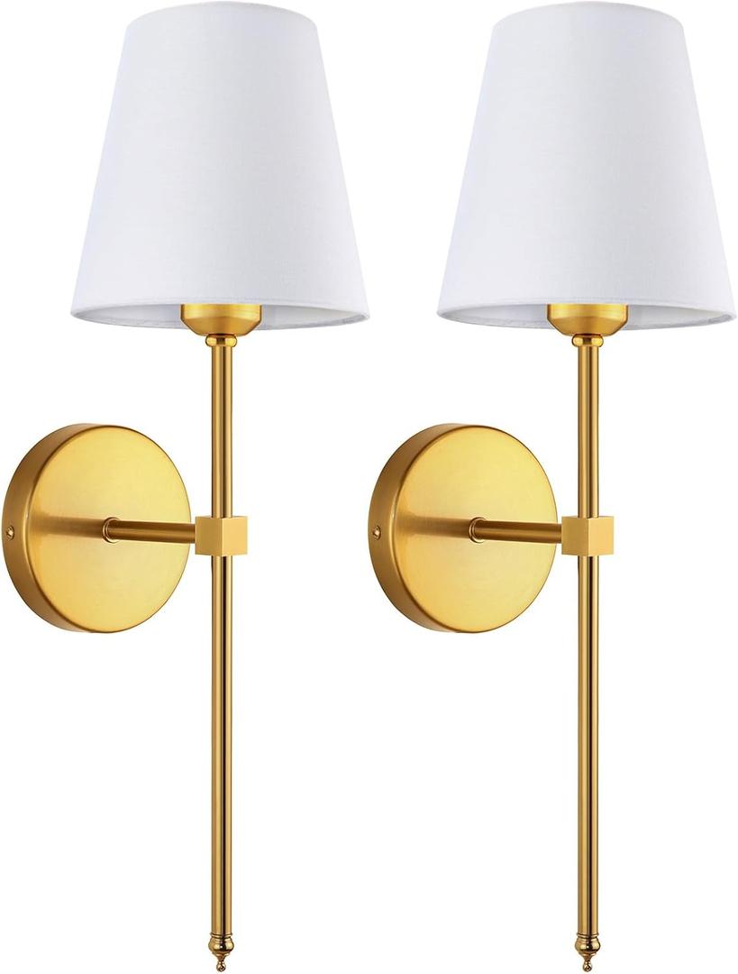Wall Sconces Sets of 2, Retro Industrial Wall Lamps, Vanity Sconces Wall Lighting with White Fabric Shades, Wall Lights Suitable for Bathroom Bedroom Living Room Kitchen Gold