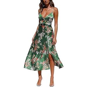 Fashionme Women Spaghetti Strap Midi Satin Dresses Tie Front Backless Split Summer Casual Floral Dress Hollow Flowy Slip Dress Sundresses Wedding Guest Beach Cocktail Graduation at Amazon Women's Clothing store, S
