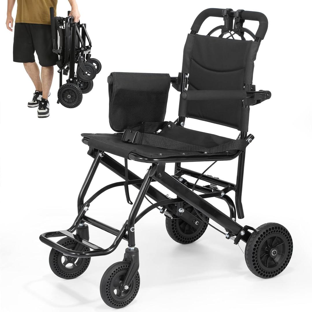 WICHEMI 17.4lbs Ultra-Lightweight Transport Wheelchairs for Adults,220lbs Capacity, 17.3" Seat, Portable, Folding, Collapsible, Narrow Transfer Wheel Chair with Carrying Bag