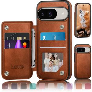 DJDUCK Designed for Google Pixel 9 5G/Pixel 9 Pro Case Wallet with Card Holder, [Magnetic Clasp Cover] [RFID Blocking Leather Protection] Shockproof Women Men Cases for Pixel 9 Light Brown