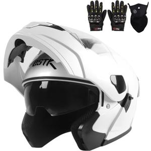 Motorcycle Full Face Helmet Adult Dirt Bike Helmets ATV Motocross Men Women Off-Road Mountain Bike Helmet DOT Approved Street Bike Helmet with Gloves & Mask (Medium, White)