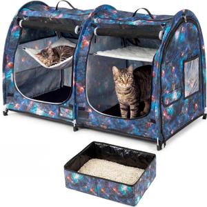 Mispace Portable Twin Compartment Show House Cat Cage/Condo - Easy to Fold & Carry Kennel - Comfy Puppy Home & Dog Travel Crate with Portable Carry Bag/Two Hammocks/Mats and Collapsible Litter Box