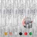 Silver Foil Fringe Curtains Metallic Tinsel Shimmer Curtain Party Backdrop Decorations,Pack of 4