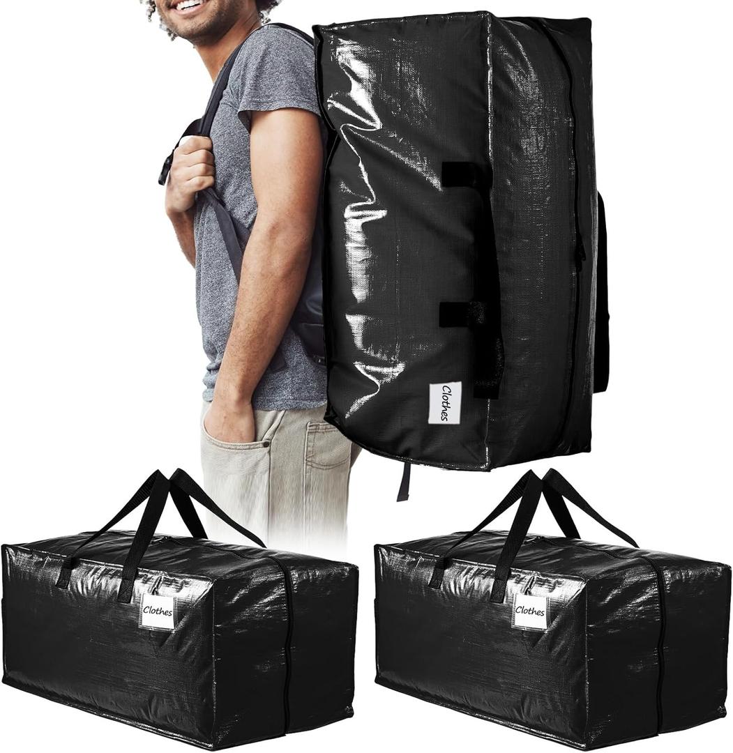 TAILI Heavy Duty Moving Bags, Clothing Storage Bags with Sturdy Zipper and Strong Handles, Black Clothes Storage Bins, Extra Large Tote for Moving Supplies, Better than Boxes (2-Pack)