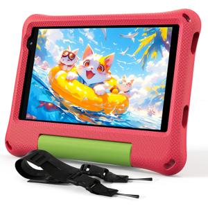 Kids Tablet 8 Inch Android 15, Octa-Core 12GB RAM + 64GB ROM, Toddler Tablet with WiFi 6, Parental Control, Pre-Installed Kids Space, EVA Case, Anti-Glare Screen Protector, Adjustable Strap (Red)