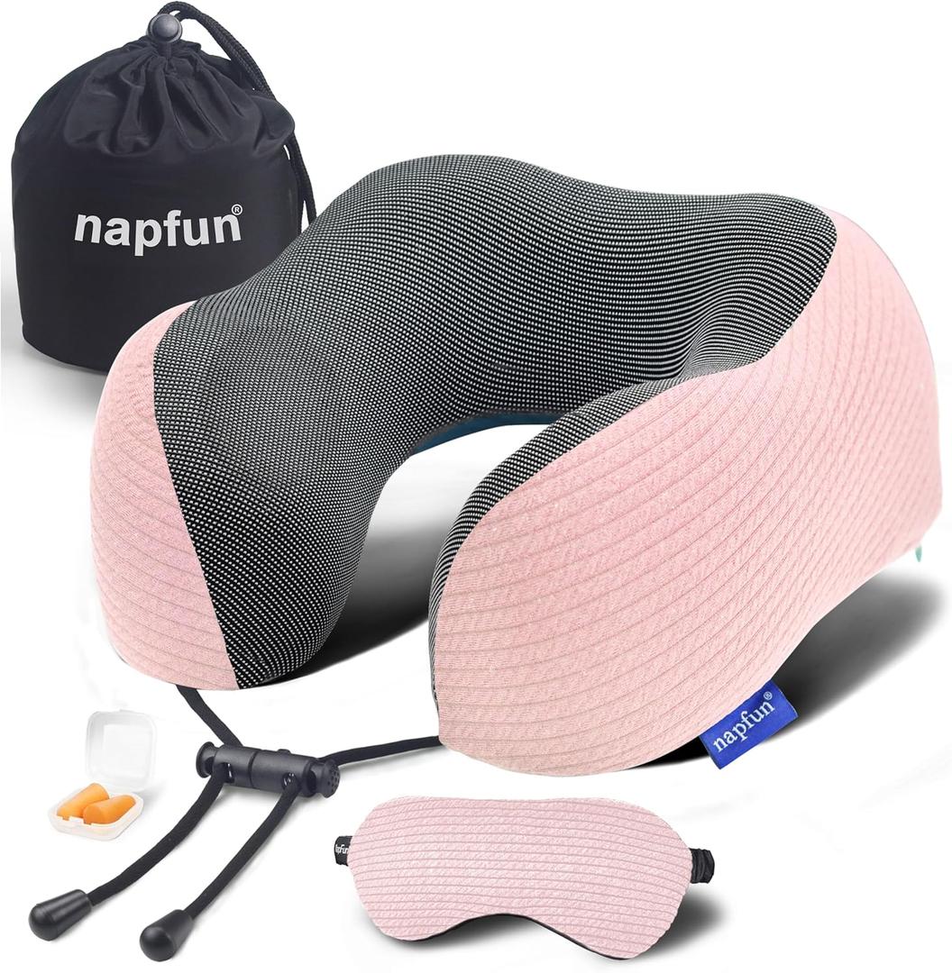 napfun Neck Pillow for Traveling, Upgraded Travel Neck Pillow for Airplane 100% Pure Memory Foam Travel Pillow for Flight Headrest Sleep, Portable Plane Accessories, Pink (Pink (Luxury Sets, With Eye Mask&earplugs))
