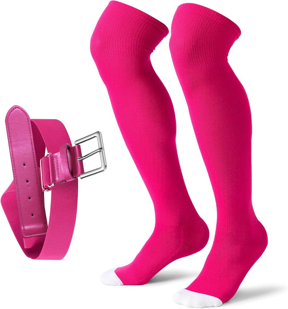 XZQTIVE Baseball Socks and Belt Combo,Over the Knee Softball Socks and Belt,Knee High Football Socks for Kids Youth Adults (Pink)