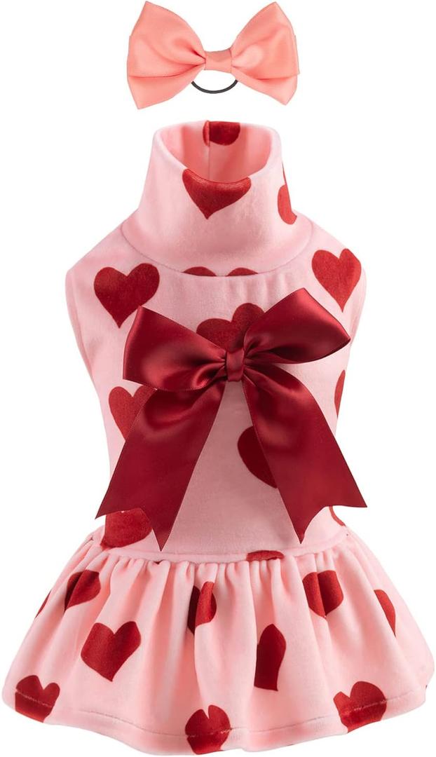 CuteBone Turtleneck Dog Velvet Dress Puppy Skirt Costume Pet Clothes Cat Apparel with Bow Hair Rope for Small Dogs CVD02L (Large, Crimson love)