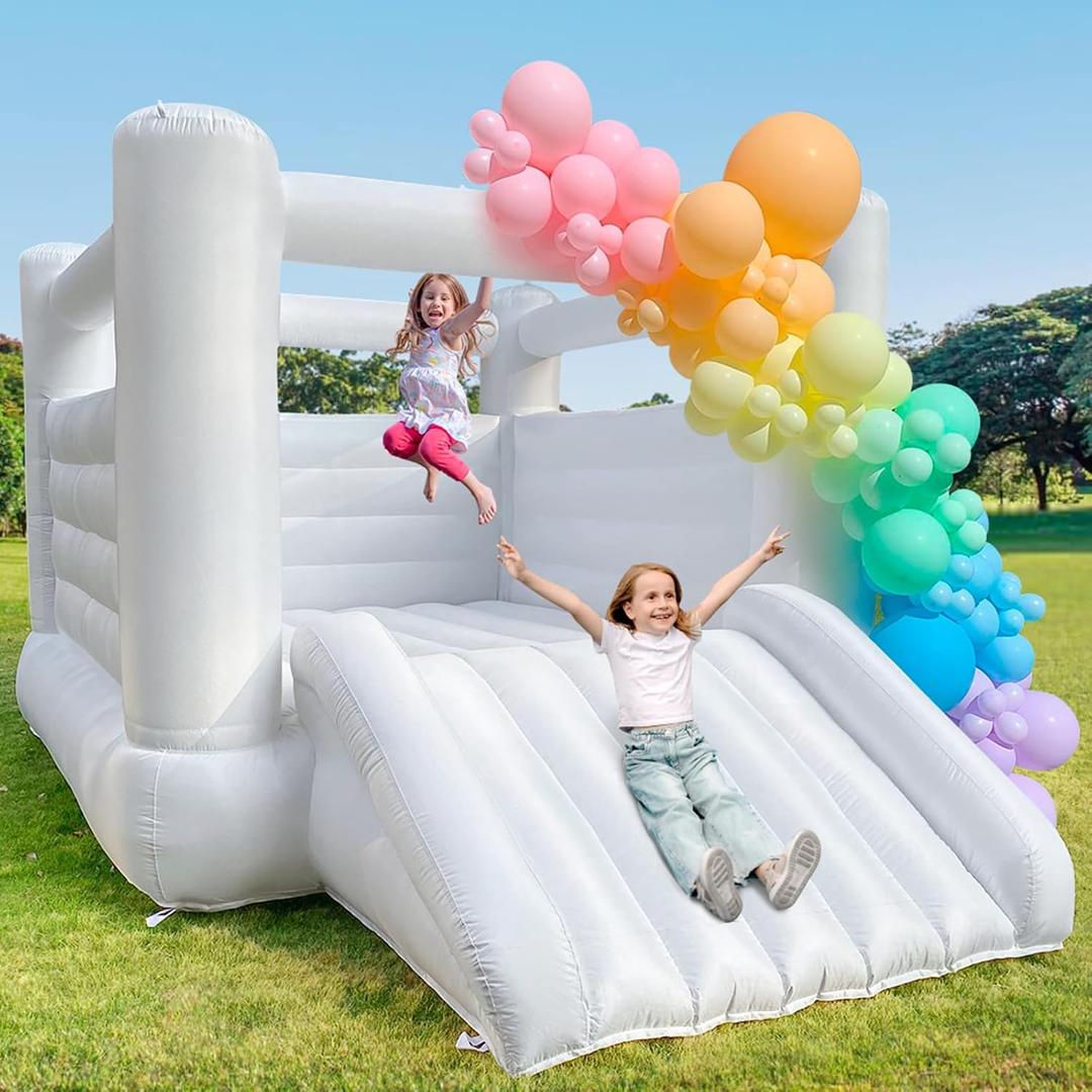 White Bounce House for Big Kids 8-12 and Adult Indoor Outdoor Large Bouncy Castle Theme with Slide and Air Blower 133.86 x 96.46 x 74.02 inch Big Playhouse for Party
