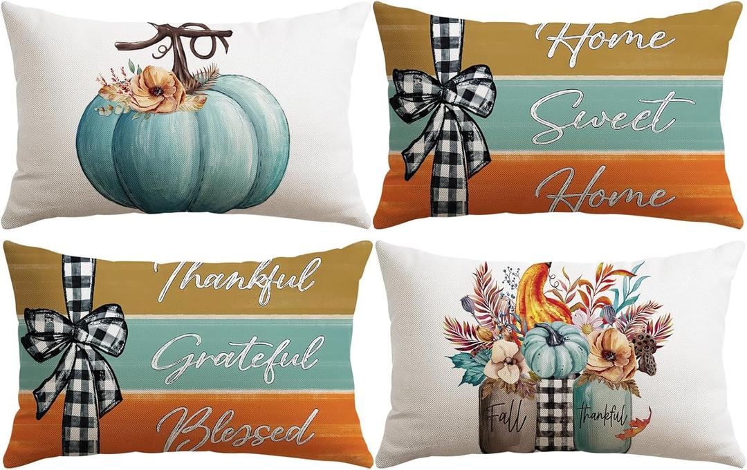 Artscope Fall Decorative Throw Pillow Covers 12x20 Inch Set of 4 Fall Gifts for Home Decor, Autumn Pumpkin Sweet Home Thankful Grateful Blessed Outdoor Farmhouse Pillow Cases for Sofa Couch-Blue