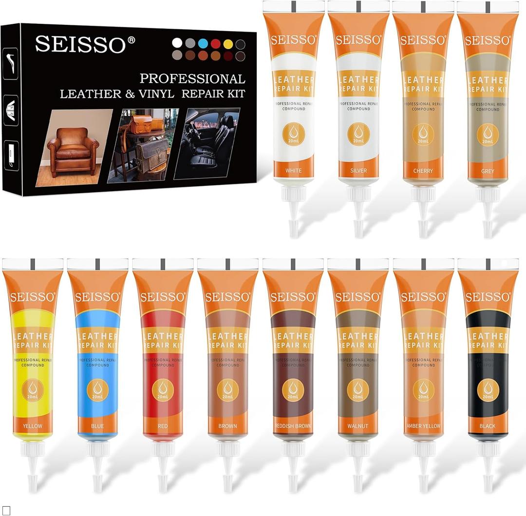 12 Colors Leather Repair Kit for Furniture, Vinyl Repair for Car Interior Seats Couch Sofa, Leather Filler Repair Scratches Fade Leather Paint for Bag Shoes, Restore PLeather, Bonded, Italian, Genuine