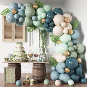 Dusty Blue Sage Green Balloon Arch Kit Slate Fog Blue Pastel Green White Sand Beige Gold Balloons Garland for Jungle Safari Birthday Baby Shower Wedding Party Decorations, Blue White Green