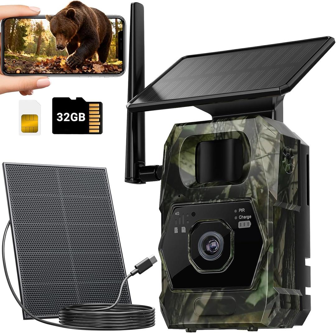 Ai Trail Camera Cellular  Game Camera with Built-in Solar Panel, 32GBSd and SIM Card, 100mp Photos, 4k Videos 2 Way- Talk with Night Vision Motion Activated Waterproof