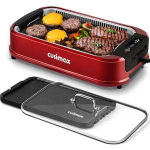 Indoor Grill, CUSIMAX Smokeless Grill Indoor, Electric Griddle, 1500W, Red
with Smart LED Display & Tempered Glass Lid, Non-stick Removable Plate & Griddle Plate, Adjustable Temperature, Easy Cleanup
