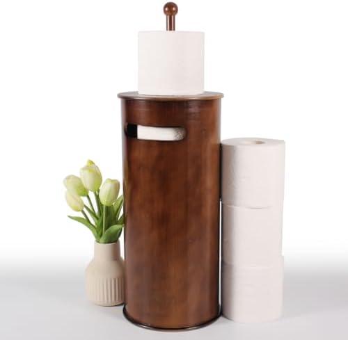 Toilet Paper Stand with 3-Roll Tissue Holder for Boho Bathroom, Free Standing Bamboo Toilet Paper Holder, Wood Toilet Paper Storage with Lid.