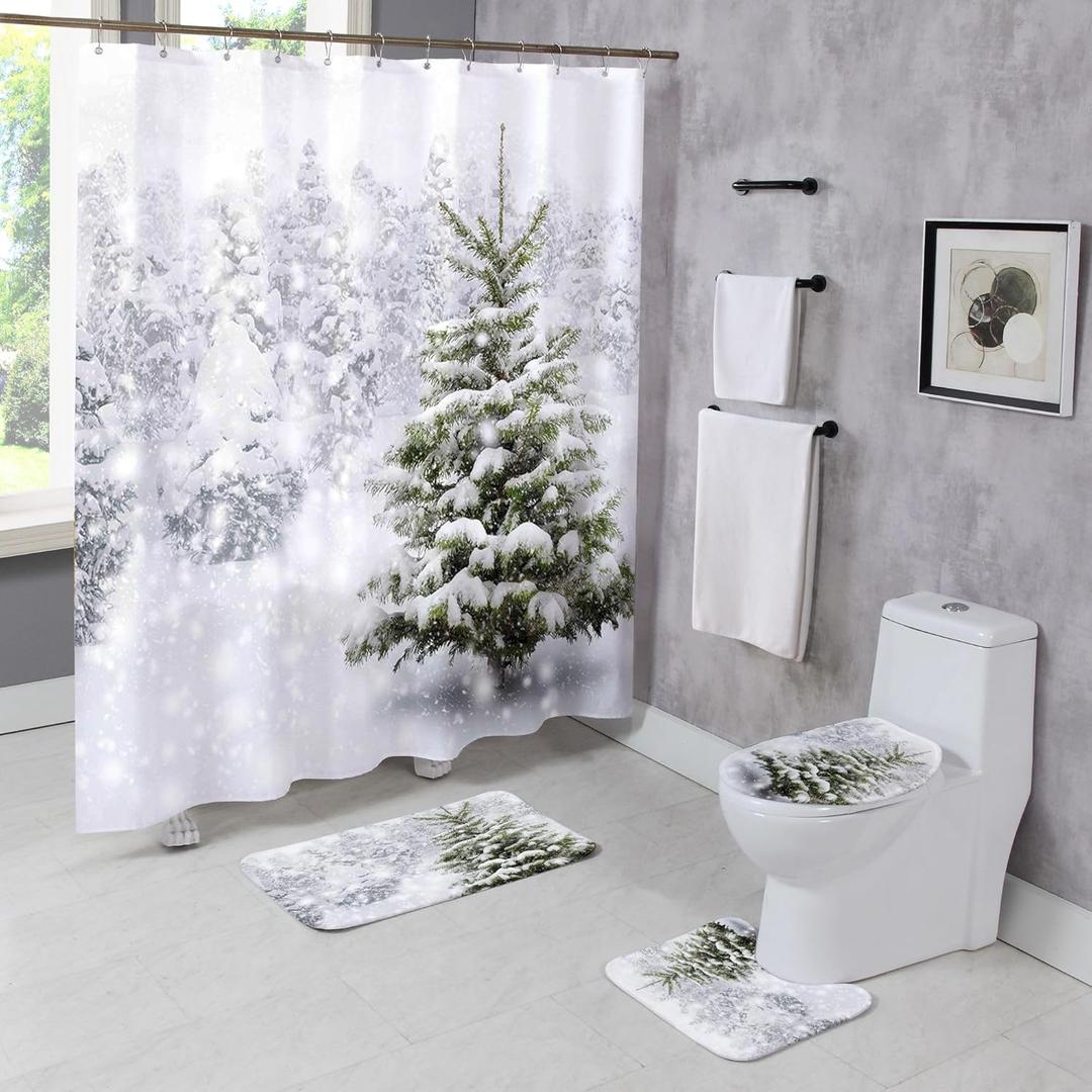 4 Pcs Winter Christmas Shower Curtain Sets with Rugs Snowy Natural Forest Snowfall Bathroom Set Xmas Tree Home Bath Bathtub Decor Durable Curtains Mats for Bathroom Decor 72 x 72 Inch (01)