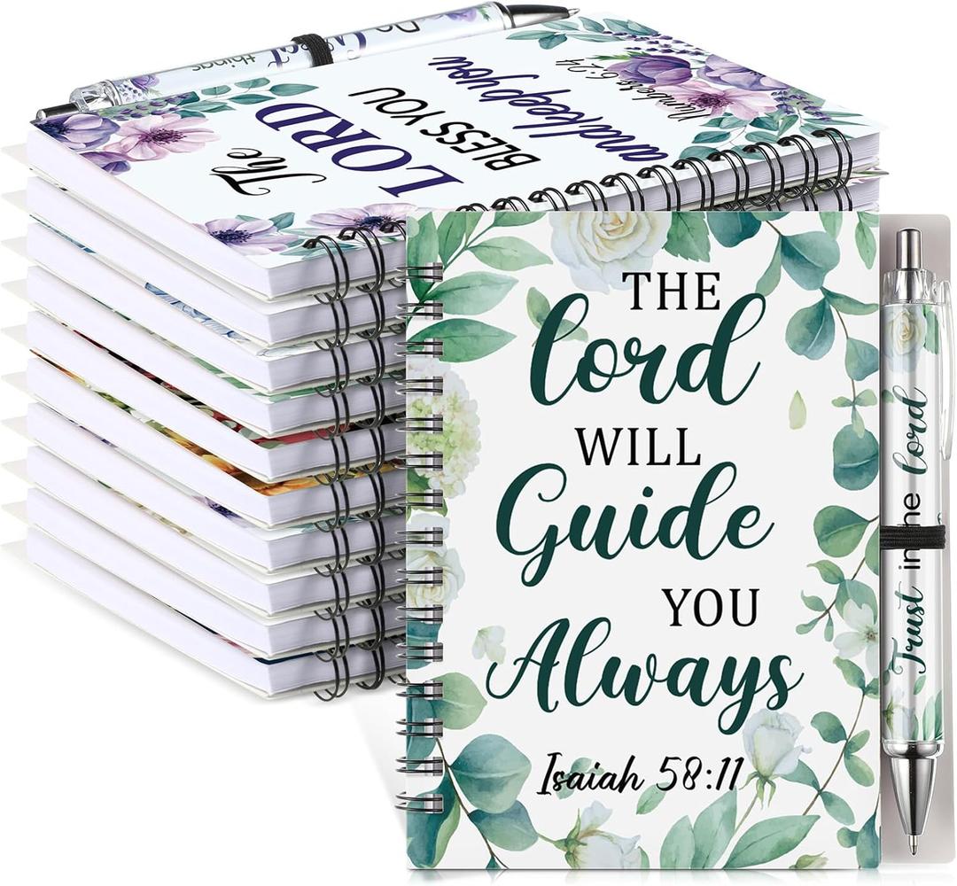 Pasimy 10 Sets Christian Notebooks with 10 Positive Pens Floral Bible Verse Journals and Ballpoint Pen Spiral Notebook Set Scripture for Women Inspirational Gifts Religious Party Favors(Retro,A6)