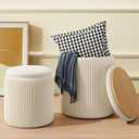 Round Ottoman with Storage Set of 2, White Vanity Stool, Upholstered Velvet Storage Ottomans, Makeup Chair Seat for Bedroom, Small Pouf Footstool for Living Room (Off-white)