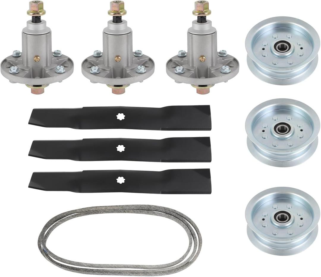 OCPTY Lawn Mower Deck Rebuild Kit 54", Mower Blade Rebuild Kit Fit for John Deere Models 190C D170 E180 G110 LA150 LA175, 1 drive belt 3 spindle assembly 3 mower blades 3 idler pulleys