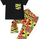 Mubineo Toddler Baby Girl Boy 2pcs African Print Outfits Kente Dashiki Clothes T Shirts Pant Sets (18-24 Months, Black Yellow)