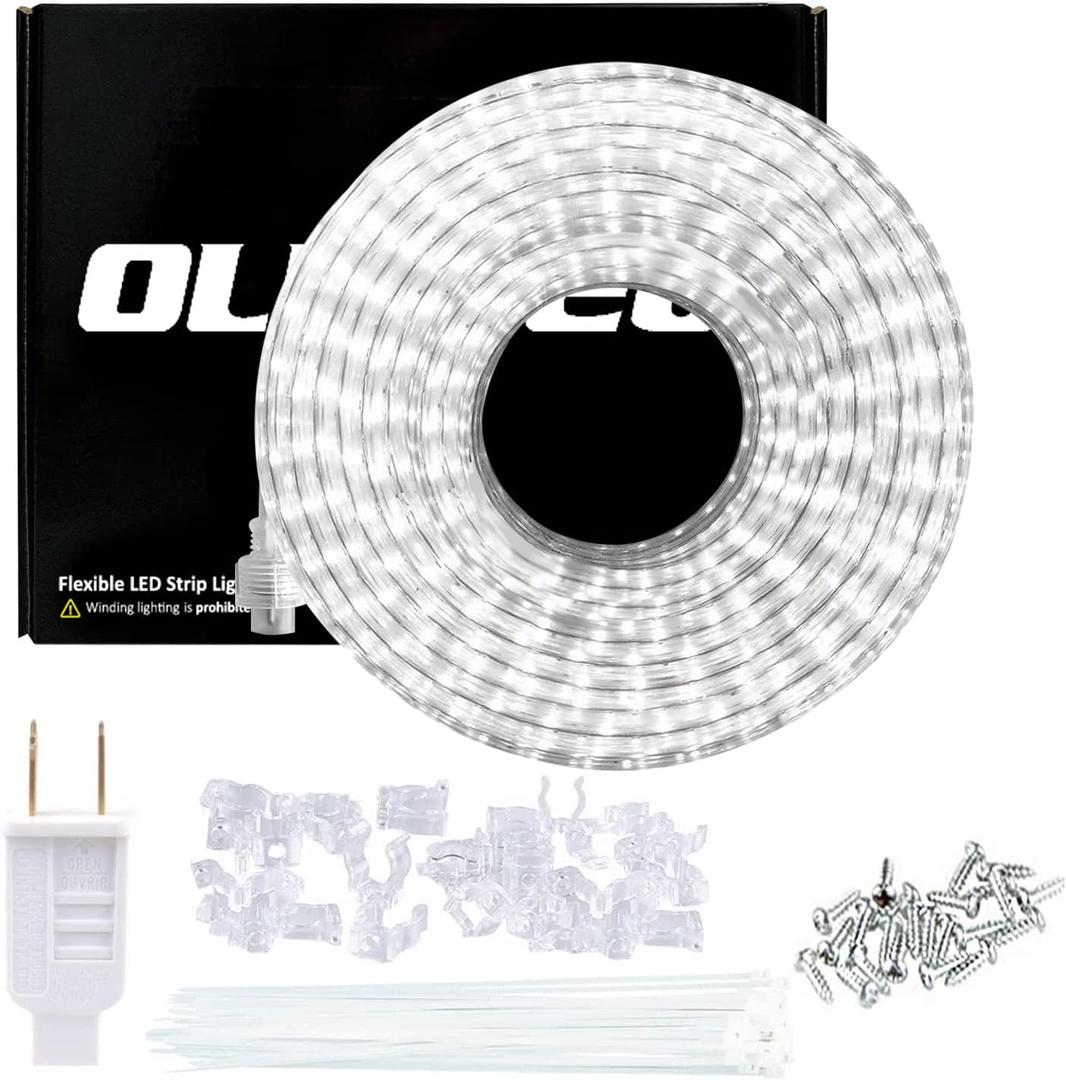 LED Rope Light Waterproof Daylight White 65ft Indoor,Connectable,Plug-in 110V 6000K 480 LEDs,Flexible Light String for Patio Bedroom Camping Ceiling