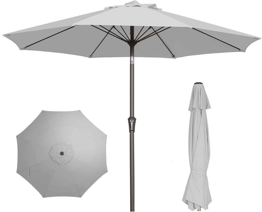 PatioKingdom 9FT Patio Outdoor Umbrella-UPF 50+ Sun Shade with Wind Vent, Push-Button Tilt & Smooth Crank Lift, Rust-Resistant Fiberglass Frame for Garden, Backyard,Yard (Light Gray)