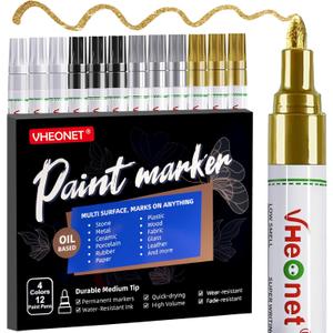 Paint Markers,4 Colors Oil-Based Waterproof Quick Dry Permanent Paint Pens for Metal, Wood, Fabric, Plastic, Canvas, Glass, Rock, Tire, DIY Craft (Metallic Gold,Metallic Silver,Black,White)
