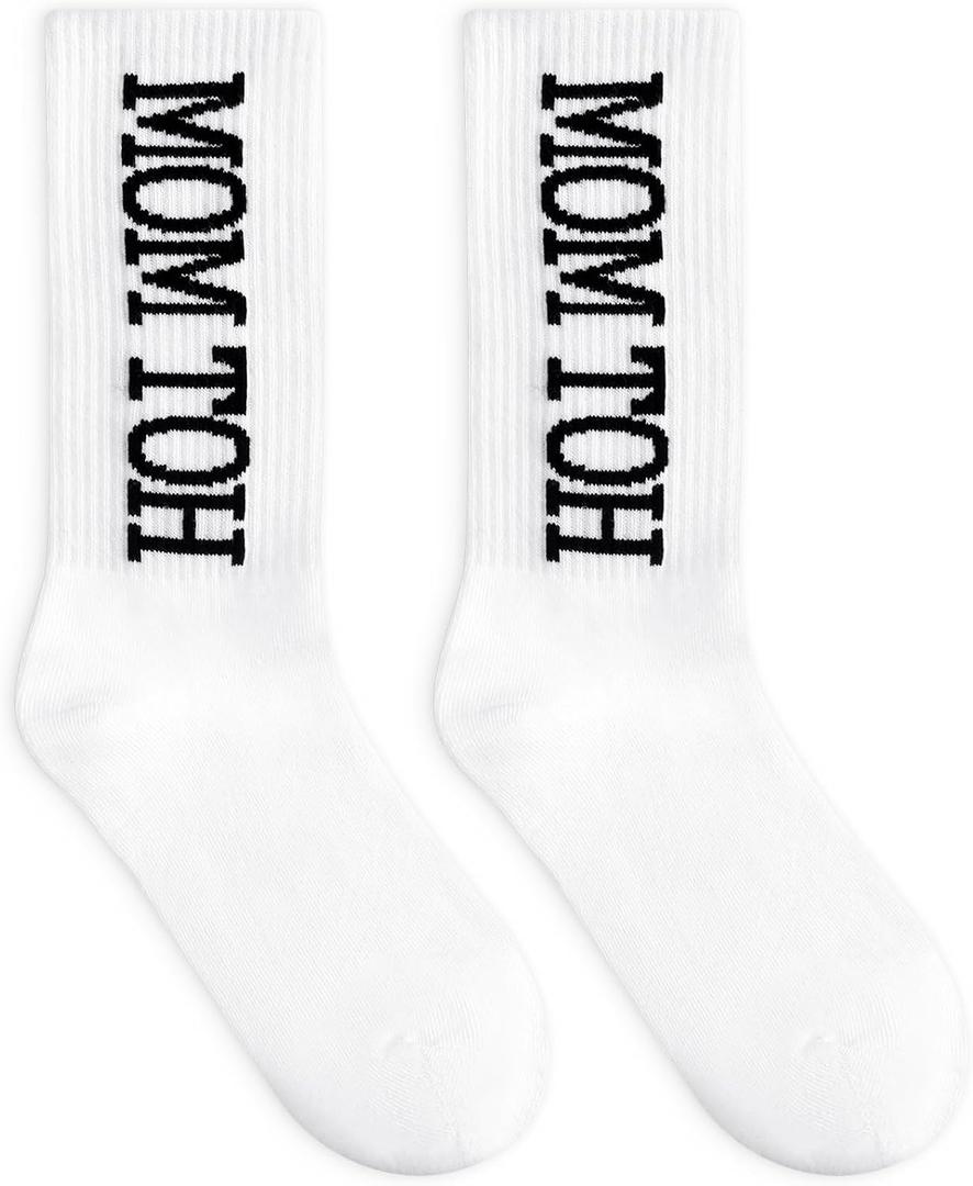 Hot Mom Themed Socks Crew Socks for Women Size 6-10, Cotton Blend Striped Athletic Style Funny New Moms Gifts Expecting Moms Pregnancy Gifts for Mother's Day Mom Birthday Present (White)
