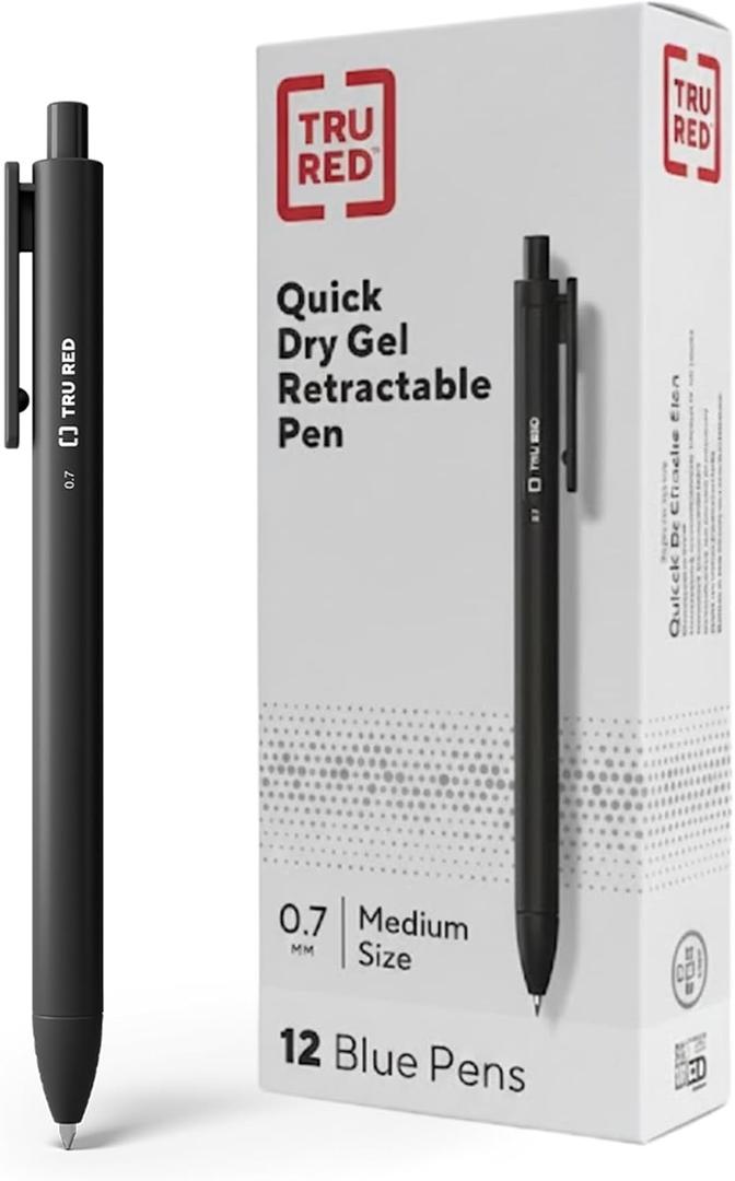 TRU RED Retractable Gel Pens, Medium Point 0.7mm, Black Ink, 12 Pack  QuickDry Pens for NoSmear Notes & Office Writing