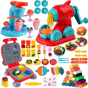 3-in-1 Color Dough Kitchen Creations Set for Kids Aged 3-8, 24 Colors Dough Playset with Ice Cream/Noodle/Hamburger Makers, Food Modeling Art Crafts Pretend Play Toys for Boys Girls