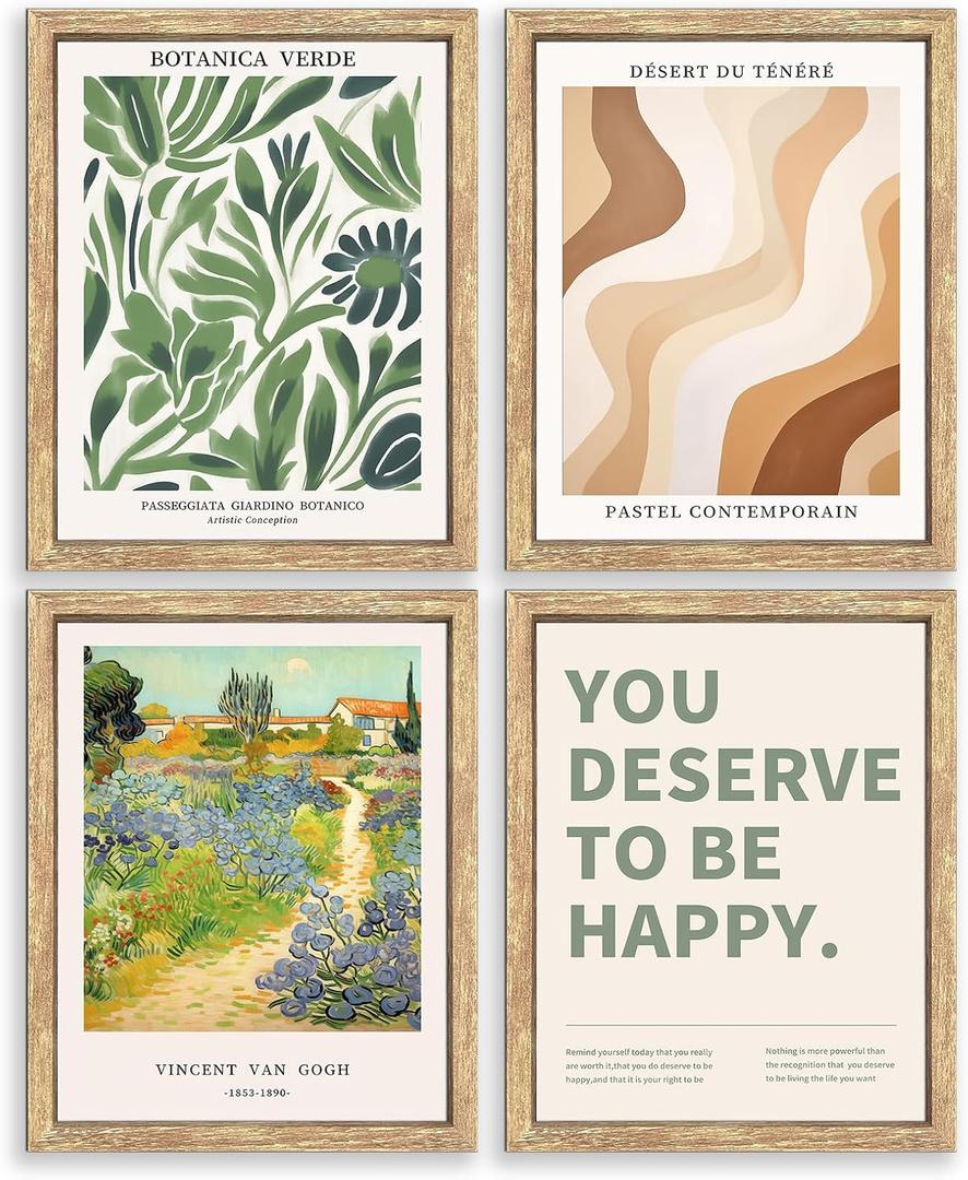 GUMEYJIA Modern Wall Art Print Set 4 Piece Wall Decor Collection Botanical Verde Desert Contemporary Van Gogh Garden Inspirational Quote Wood Frame (8"x10") (Multicolor)