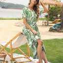 YESNO Women Casual Loose Bohemian Floral Dress with Pockets Short Sleeve Long Maxi Summer Beach Swing Dress EJF (Green, XXL)