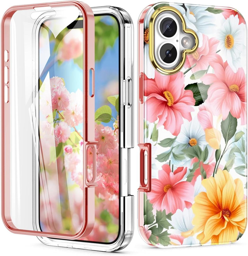Cute Flower Case for iPhone 16 6.1 inch Built with Screen tector, Lightweight and Stylish Full Body Shockof tective Rugged TPU Case for Women/Girls