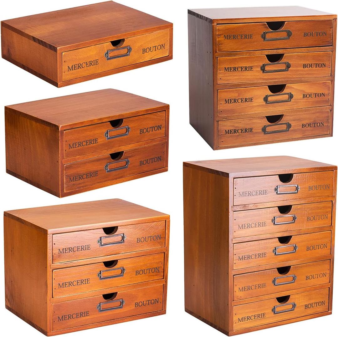 5-Piece Vintage Organization and Storage Set - Single Drawer, 2-Drawer, 3-Drawer, 4-Drawer & 5-Drawer Organizer Chests - Embroidery, Sewing, Arts and Craft Journaling - Stackable Modular Storage