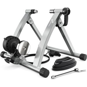 Sportneer Bike Trainer - Magnetic Stationary Bike Stand for 26-28" & 700C Wheels - Adjustable 6 Level Resistance Bike Trainer Stand for Indoor Riding with Quick Release Lever & Front Wheel Riser Block (Silver)