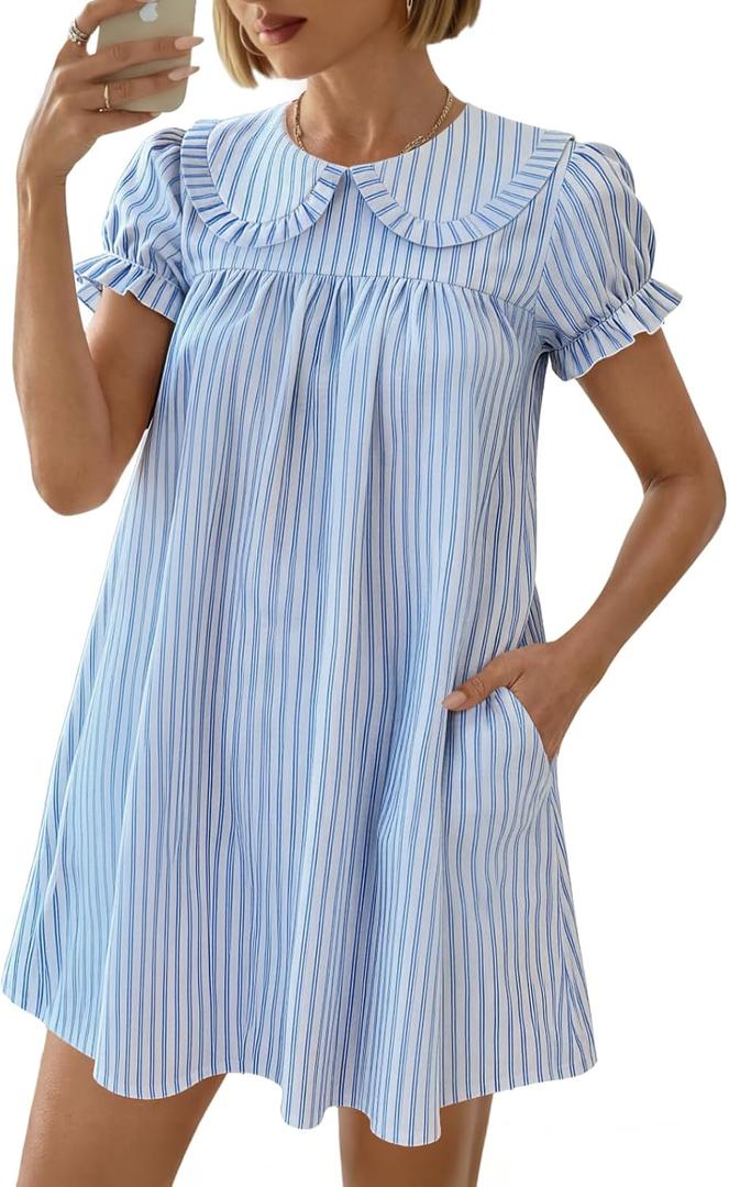 Women's Cute Babydoll Mini Dress Peter Pan Collar Ruffle Short Sleeve Pleated A Line Dresses 2026 Summer (Blue, L)