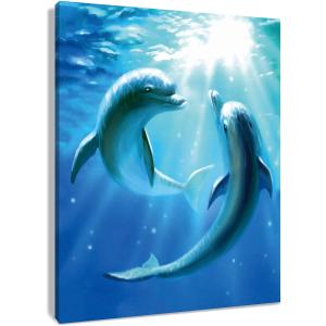 HVEST Dolphin Canvas Wall Art Cute Dolphins Playing Under Sea with Sunshine Picture Printing Artwork for Living Room Bedroom Bathroom Wall Decor,Stretched and Framed Ready to Hang,12x16 Inches