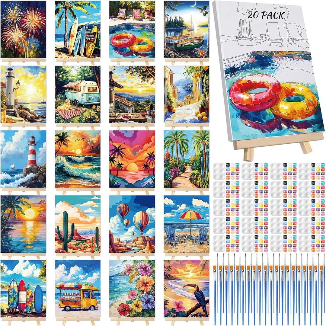 Zhanmai 20 Pack Pre Drawn Canvas for Painting Drawn Canvas Paint Kit Pre Printed Canvases for Sip and Paint Party Favor DIY Virtual Party Birthday Gifts Adult's Date Night (Summer Color)