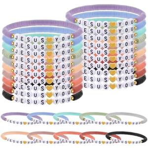 Landical 30 Pcs Jesus Loves You Bracelets Bulk Friendship Bracelets Clay Bead Christian Wristbands for Kids Religious Jesus Loves You Wristbands Halloween Christmas Sunday(Morandi)