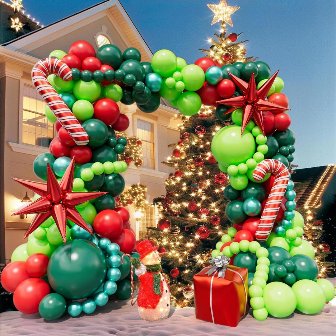Bonropin 183pcs Christmas Balloon Garland Arch kit with Christmas Red Lime Dark Green Metallic Green Balloons Candy Cane Gift Box Explosion Star Foil Balloons for Xmas Party Decorations