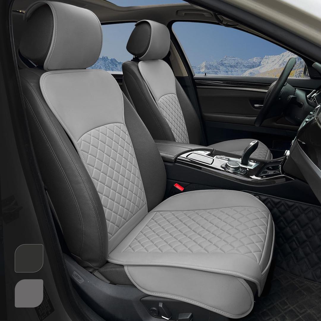 BEITK 2 Pack Leather Front Seat Covers, Universal Sideless Car Seat Protectors, Waterproof Automotive Seat Cover for Most Cars Trucks SUV(Gray)