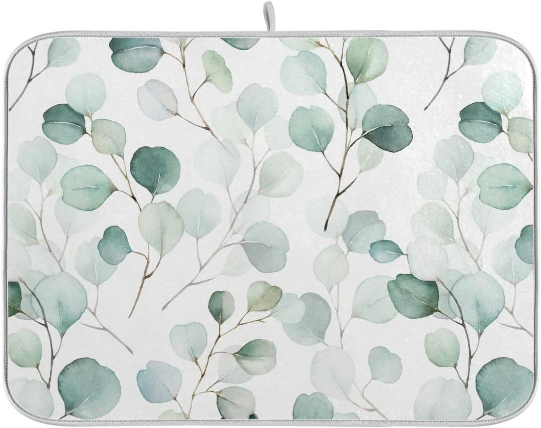 Green Leaves Dish Drying Mat 16x18 for Kitchen Counter Watercolor Herbs Women Kitchen Drying Mats Dishes Pad Absorbent Fast Dry Dish Draining Mats Medium Kitchen Accessories