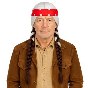 Probeauty Silver White ombre Brown Braids Wig for Men, Long Braided Wigs with Red Scarf for Halloween Costume Cosplay Party