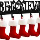 Nativity Christmas Stocking Holder for Wall with 5 Hangers Metal Christmas Stocking Wall Hanger Mantel Rack Hanging Mount Hook for Holiday Xmas Fireplace Decoration, Black(Believe)