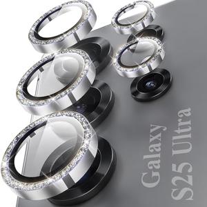 YWXTW Camera Lens Protector for Samsung Galaxy S25 Ultra, [5X Stronger] Glitter Bling Individual Metal Ring Tempered Glass Camera Screen Protector for S25 Ultra Accessories, 1 Set (Glitter Gray)