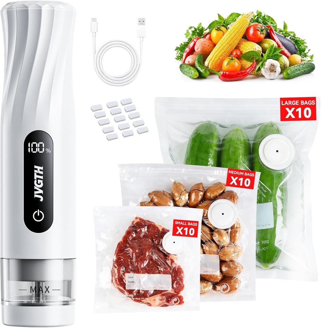 Handheld Vacuum Sealer (Food Storage): Compact Vacuum Sealer Food, 80kPa Suction, 1800 mAh Battery, 30 Reusable Sous Vide Bags, Preserve 6X Freshness For Kitchen, BBQ, Travel.