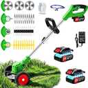 21V Electric Weed Wacker Cordless Weed Eater Battery Powered, Lightweight No String Trimmer with 2 Battery Operated&Wheels,4 in 1 Stringless Grass Trimmer/Brush Cutter/Lawn Edger/Mower for Garden Yard